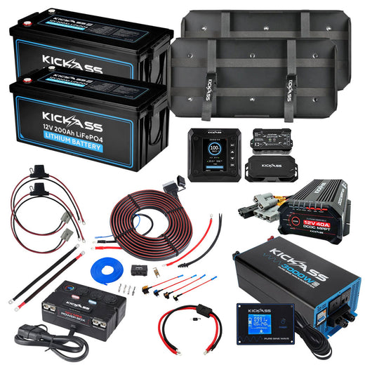 KickAss Twin 12V 200Ah Lithium Dual Battery Kit with 3000W Inverter, 40A DCDC Charger, Shunt, Control Box, Display Panel, Tray & Wiring - 400Ah Capacity