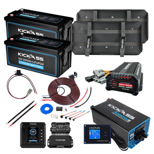 KickAss 12V 200Ah Lithium Dual Battery Kit with 3000W Inverter, 40A DCDC Charger, Display Panel, Tray & Wiring - 400Ah Capacity