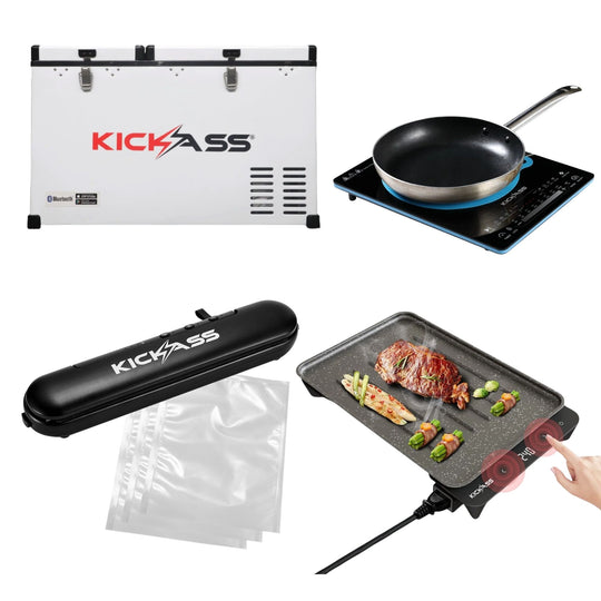 KickAss Camp Kitchen Bundle with 75L Fridge, Induction Cooktop, Electric BBQ & Vacuum Sealer
