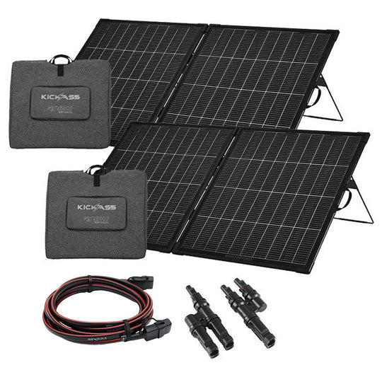 KickAss Twin 200W Bi Facial Folding Solar Panel Bundle with Connectors & Extension Cable - 400W Total Capacity