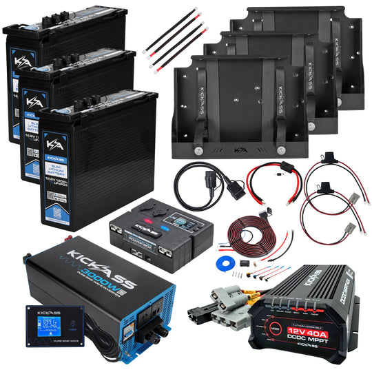 KickAss Triple Smart 12V 120Ah Slimline Lithium Complete Dual Battery Kit with 3000W Inverter, 40A DCDC Charger, Control Box, Display Panel, Tray & Wiring  - 360Ah Capacity
