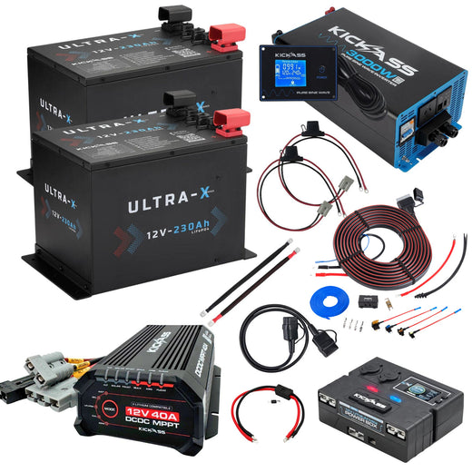 KickAss Twin 12V 230Ah Ultra-X Compact Lithium Dual Battery Kit with 3000W Inverter, 40A DCDC Charger, Control Box, Display Panel, Wiring - 460Ah Capacity