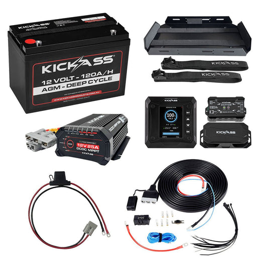 KickAss 12V 120Ah Deep Cycle AGM Premium Dual Battery Kit with 25A DCDC Charger, Shunt, Tray & Wiring