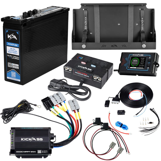 KickAss Smart 12V 120Ah Slimline Lithium Premium Dual Battery Kit with 25A DCDC Charger, Control Box, Display Panel, Tray & Wiring
