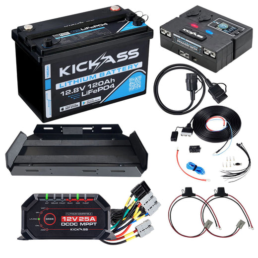 KickAss Smart 12V 120Ah Lithium Premium Dual Battery Kit with 25A DCDC Charger, Control Box, Tray & Wiring