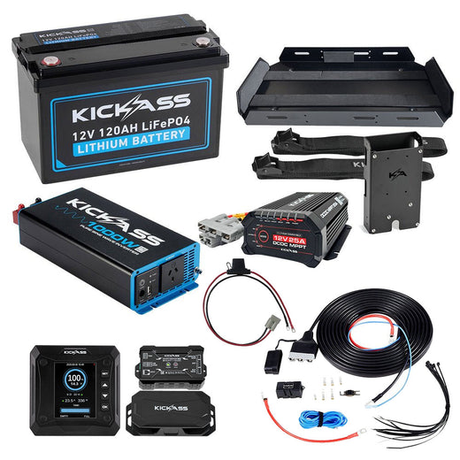 KickAss 120Ah Lithium Complete Dual Battery Kit with 1000W Inverter, 25A DCDC Charger, Shunt, Tray & Wiring