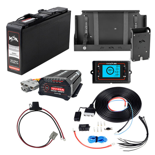 KickAss 12V 170Ah Slimline Deep Cycle AGM Complete Dual Battery Kit with 25A DCDC Charger, Shunt, Tray & Wiring
