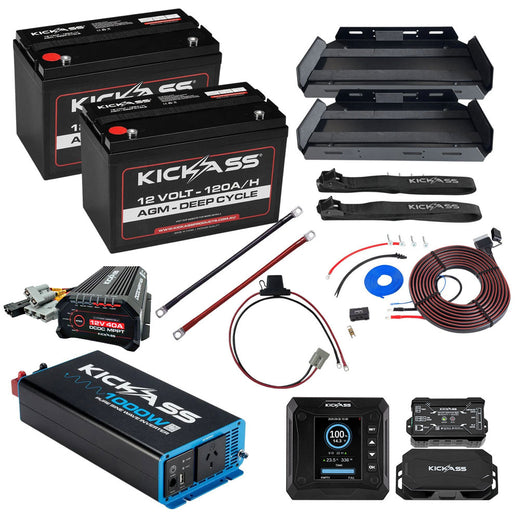 KickAss Twin 12V 120Ah Deep Cycle AGM Complete Dual Battery Kit with 1000W Inverter, 40A DCDC Charger, Tray & Wiring - 240Ah Capacity