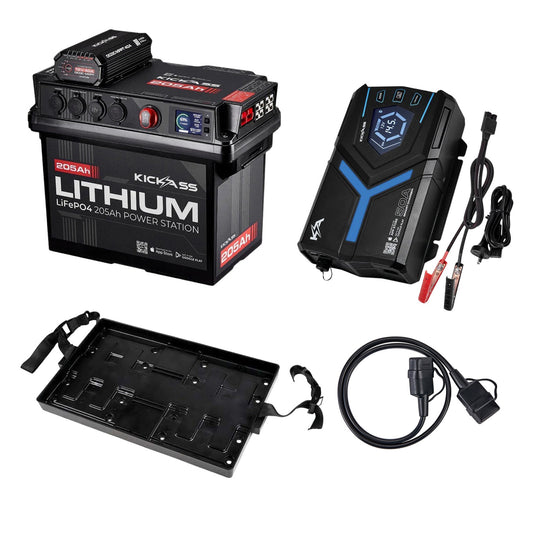 KickAss 205Ah Lithium Battery Box + 50A Smart AC Charger Bundle with Tray