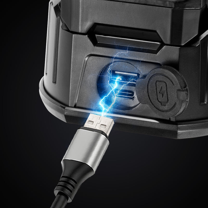 Powered by a rechargeable 4000mAh battery, or via USB 