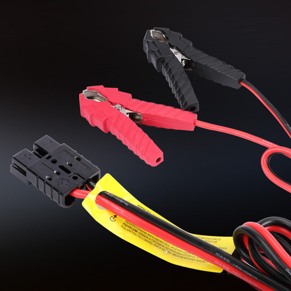 Connect via Anderson connectors or alligator clips 