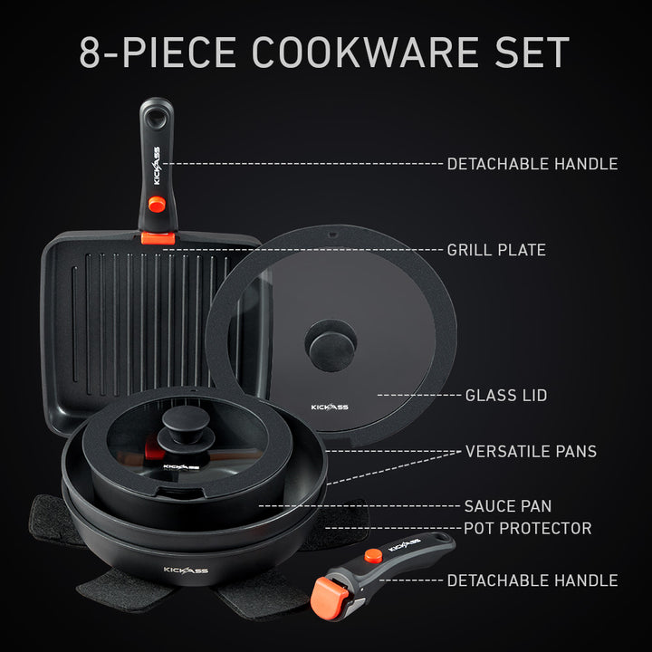 8-Piece Stackable Cookware Set with Two Detachable Handles & Glass Lids 