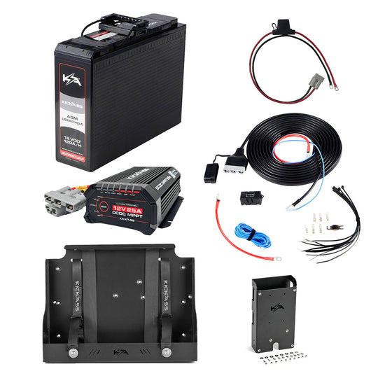 KickAss 12V 120Ah Slimline AGM Essentials Dual Battery Kit with 25A DCDC Charger, Wiring Kit, Battery Tray, Accessory Panel and Maxi Fuse Holder