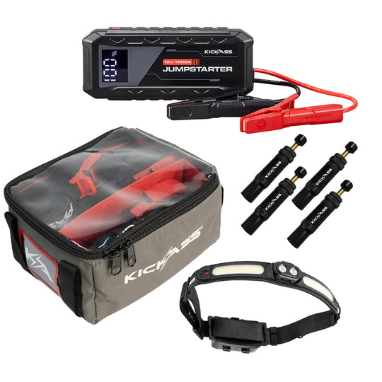 KickAss 1500A Jump Starter Bundle with 3-in-1 Head Torch, Canvas Storage Bag & Automatic Tyre Deflator