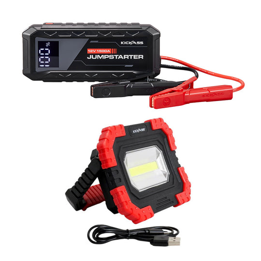 KickAss 1500A Jump Starter + Rechargeable LED Work Light Bundle