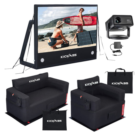 KickAss 120" AirScreen Bundle with Smart Projector, Inflatable Sofa, Armchair, Ottoman and AC Adapter