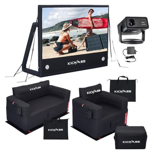 KickAss 120" AirScreen Bundle with Smart Projector, Inflatable Sofa, Armchair, Ottoman and AC Adapter