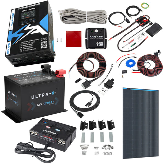 KickAss PowerBoss 2000W System with 230Ah Lithium Battery, Bluetooth, Alternator & DCDC Wiring Kit + Power Accessories