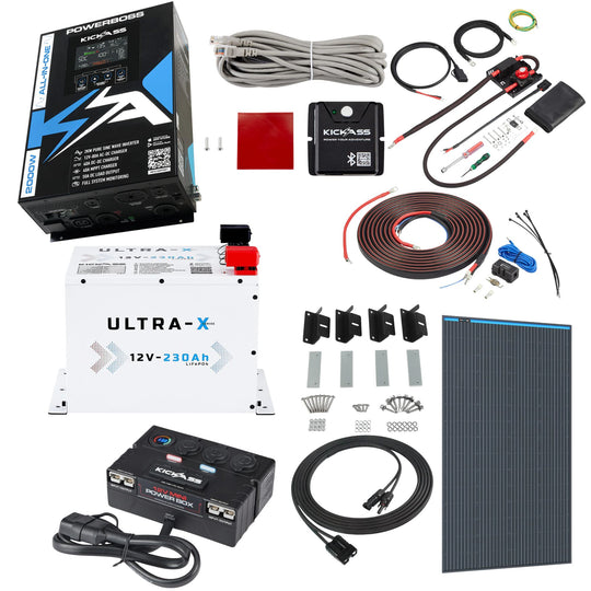 KickAss PowerBoss 2000W Off-Grid System with 230Ah Arctic White Lithium Battery, Bluetooth, Alternator Wiring Kit & Power Accessories