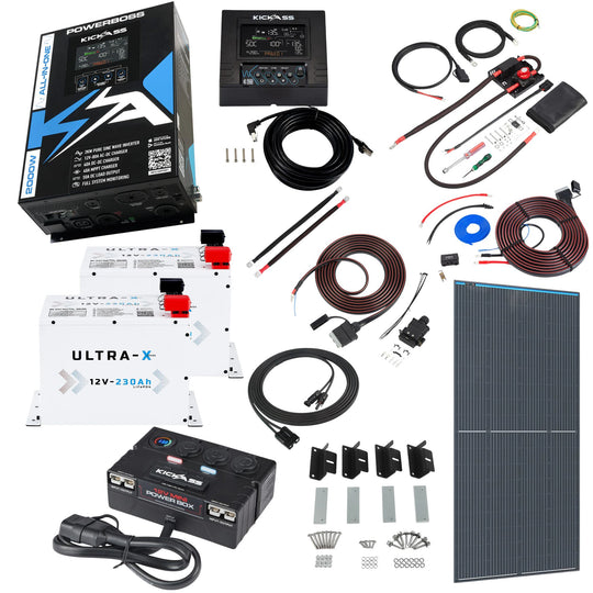KickAss PowerBoss 2000W Off-Grid System with 8m DCDC Wiring, 250W Solar, 460Ah Arctic White Batteries & Power Hub - Ideal for Caravans