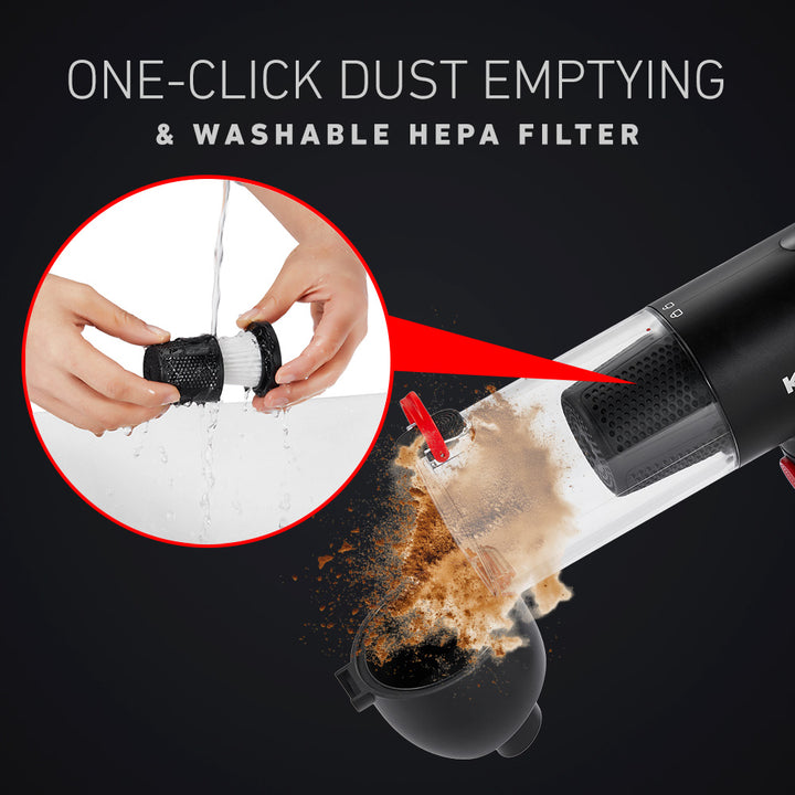 One-Click Dust Emptying & Washable HEPA Filter 