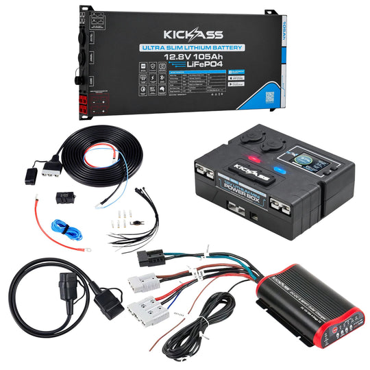KickAss Smart 12V 105Ah Ultra-Slimline Lithium Battery with Control Box, 25A DCDC Charger, Wiring & Fuse Holder