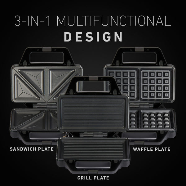 3-in-1 Multifunctional Design: Waffle, Sandwich & Grill Plates 