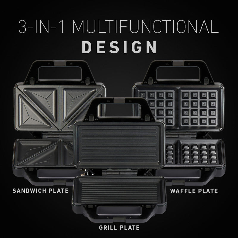 3-in-1 Multifunctional Design: Waffle, Sandwich & Grill Plates 