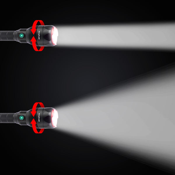 Zoom between a focused spotlight & a wide flood light 