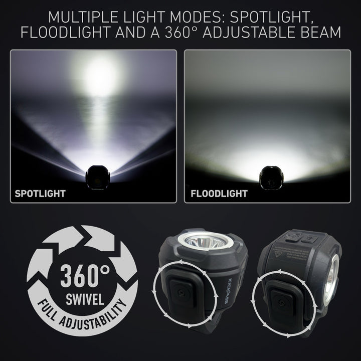 Multiple Light Modes: Spotlight, Floodlight and a 360° Adjustable Beam 