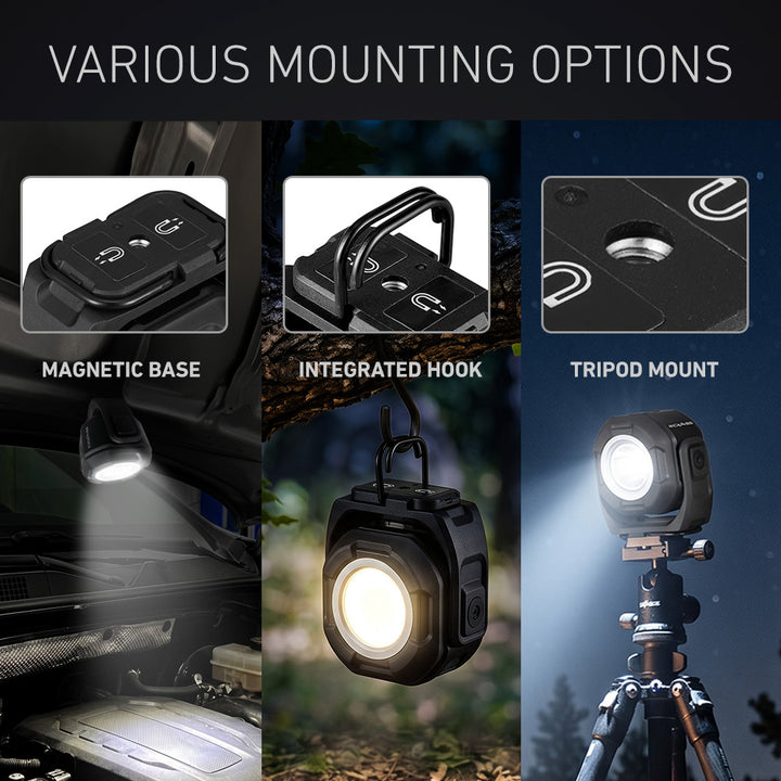 Various Mounting Options: Magnetic Base, Hook, and Tripod Thread 
