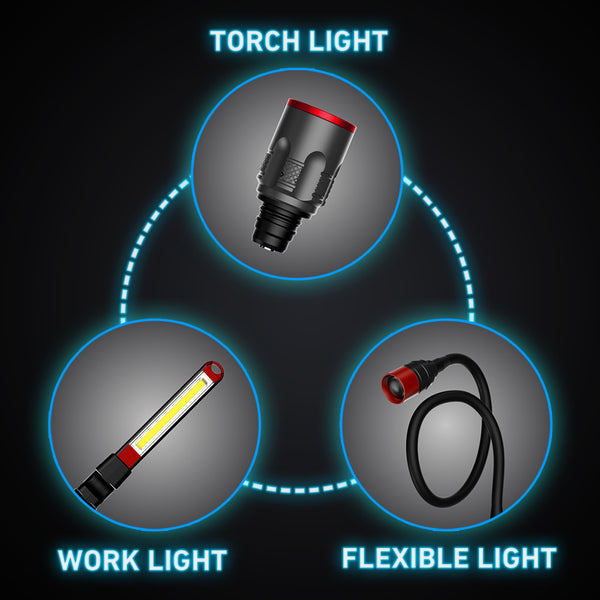 Three Separate, Interchangeable Heads – Flashlight, Inspection Light & Angled Work Light 
