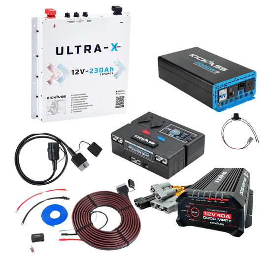 KickAss Smart Ultra-X 12V 230Ah Slimline Lithium Complete Dual Battery Kit - Arctic White with 2000W Inverter, 40A DCDC Charger, Control Box, Wiring