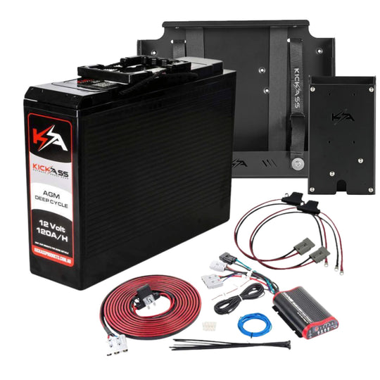 KickAss 120Ah Slimline AGM Dual Battery Kit with 25A DCDC Charger, Tray & Wiring