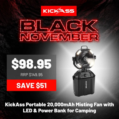 KickAss Portable 20,000mAh Misting Fan with LED & Power Bank for Camping — Black November hero deal