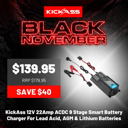 KickAss 12V 22Amp ACDC 9 Stage Smart Battery Charger For Lead Acid, AGM & Lithium Batteries — Black November hero deal