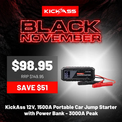 KickAss 12V, 1500A Portable Car Jump Starter with Power Bank - 3000A Peak — Black November hero deal