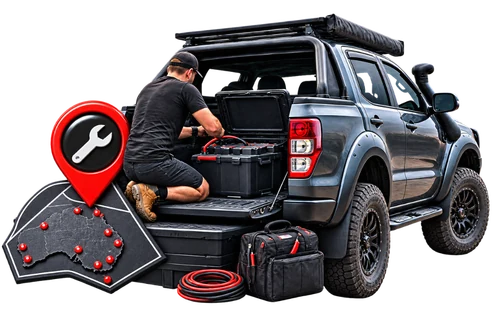 An installer working on a ute, with an Australia installer location map
