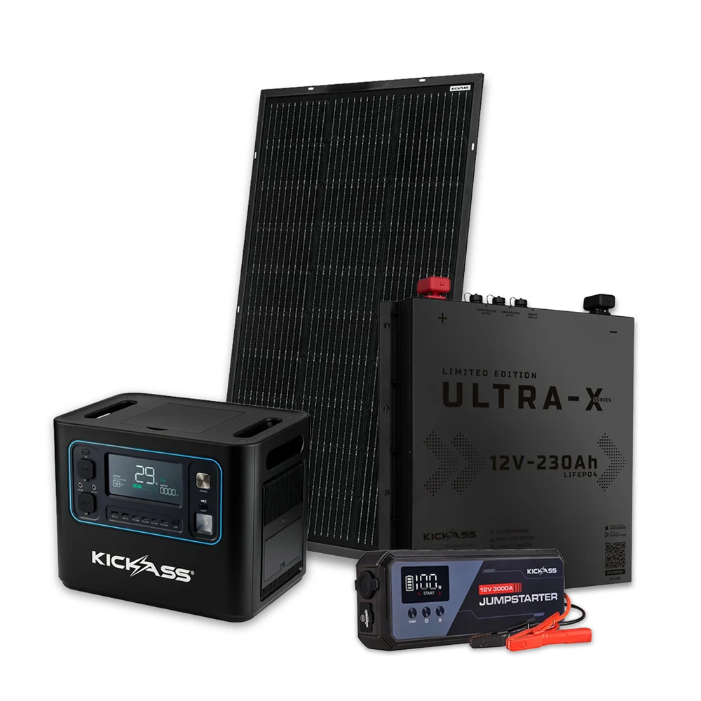 KickAss portable power station, solar panel, Ultra-X lithium battery and jump starter