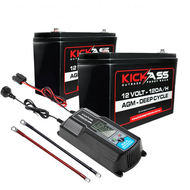 KickAss 12V 120Ah AGM Battery Twin Pack with Cables, &  22 Amp Charger & Cable