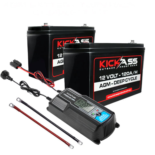 KickAss Twin 12V 120Ah Deep Cycle AGM Battery Bundle with 22A Charger & Linking Cables - 240Ah Total Capacity