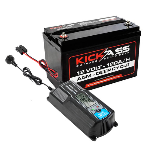 KickAss 12V 120Ah Deep Cycle AGM Battery + 22A Charger Bundle