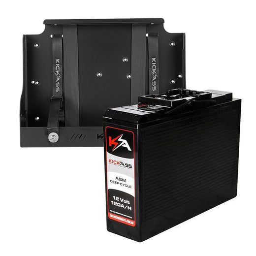 KickAss 12V 120Ah Deep Cycle AGM Battery + Battery Tray Bundle