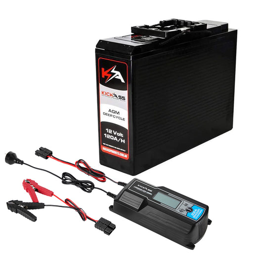 KickAss 12V 120Ah Deep Cycle AGM Battery + 22A Charger Bundle
