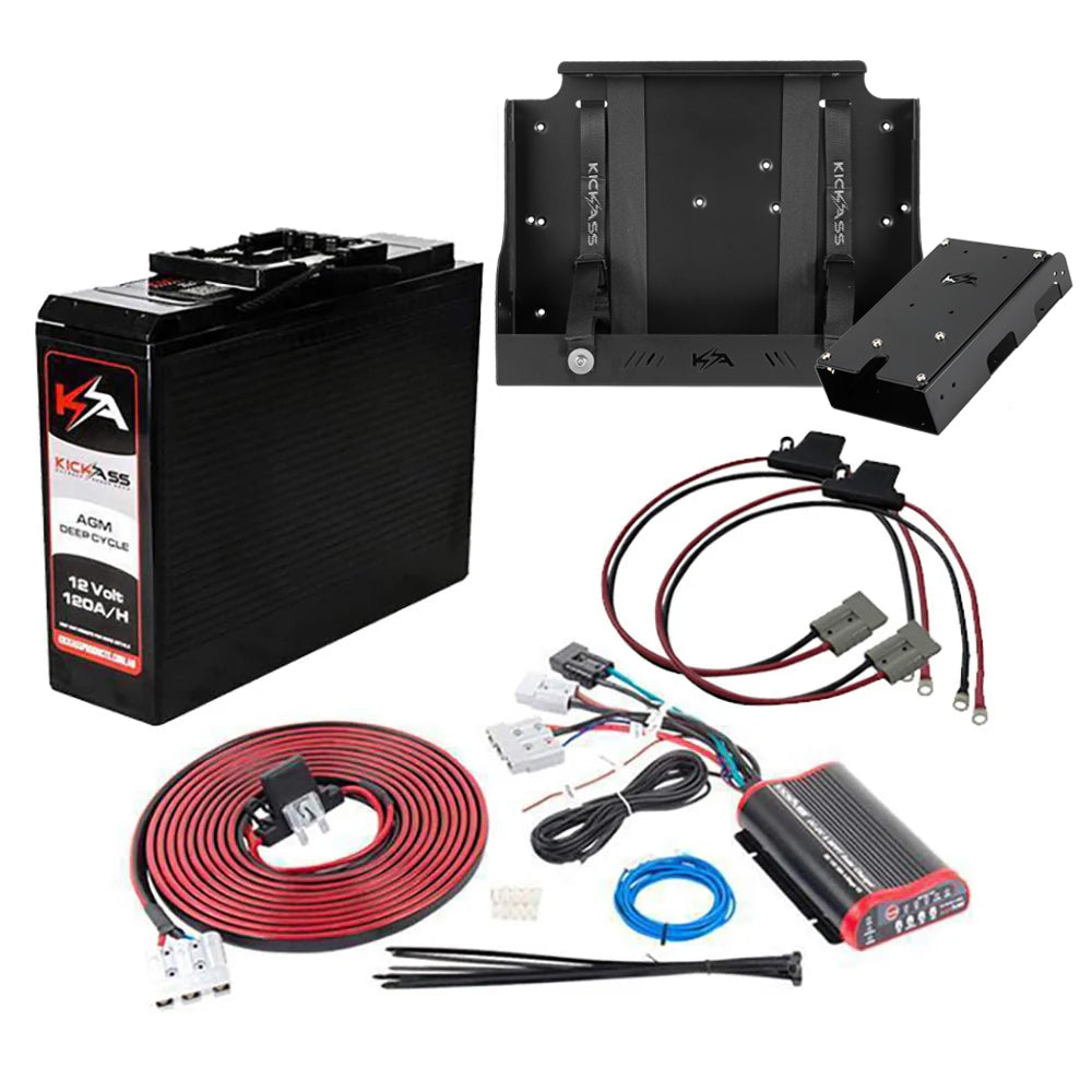 KickAss 12V 120Ah Slimline AGM Battery with 25A DCDC Charger, Tray, Panel & Wiring Kit