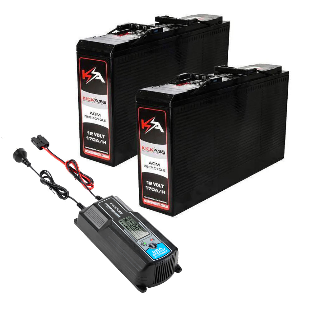 KickAss 12V 170Ah Deep Cycle AGM Battery Twin Pack With 22Amp Charger & Cables