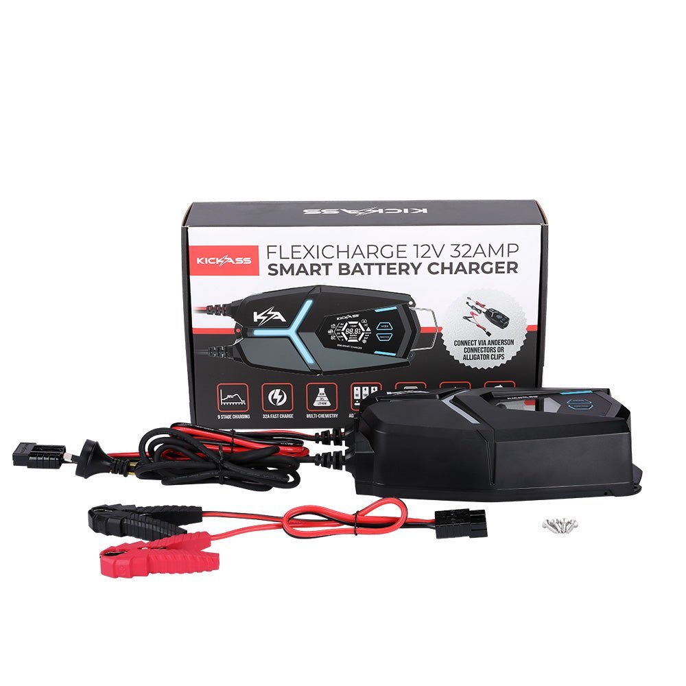 KickAss 12V 170Ah Deep Cycle AGM Battery Twin Pack With 32A AC Charger & Cables