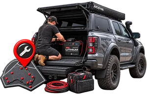 An installer working on a ute, with an Australia installer location map