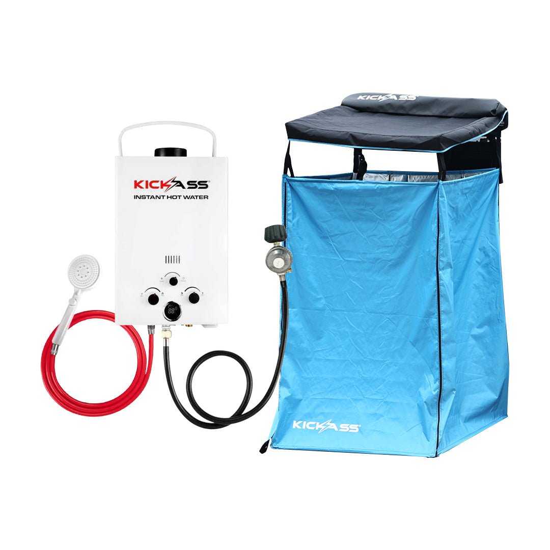 The KickAss Premium Shower Awning in Blue & Instant Camping Hot Water