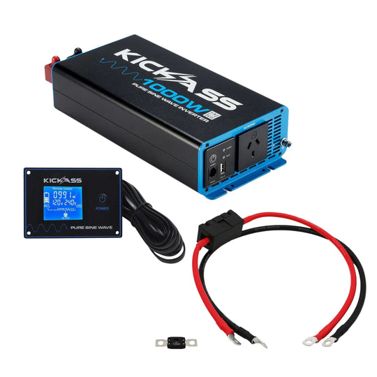 KickAss ProductsKickAss 1000W Pure Sine Wave Inverter Bundle with Remote Display Panel & Premium Wiring KitKAINV1000WPREMREM01